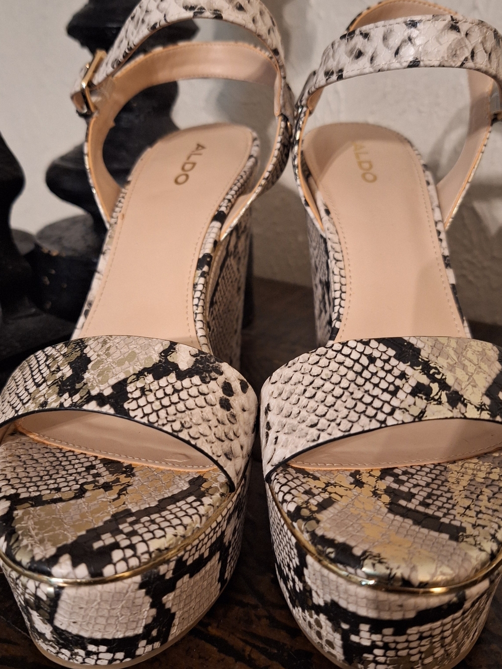 Aldo Black and Beige Snake-Print Wedge Sandals